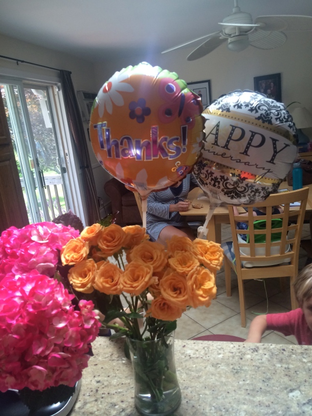 Flowers and balloons from my "birthday ninja" children.  Thanks & Happy Anniversary?!?!